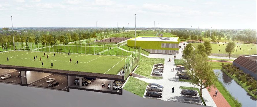 Visualisatie van Sportpark Prins Willem-Alexander, thuishaven van VVKS, dat deels is gelegen op het tunneldak van de snelweg A4.
